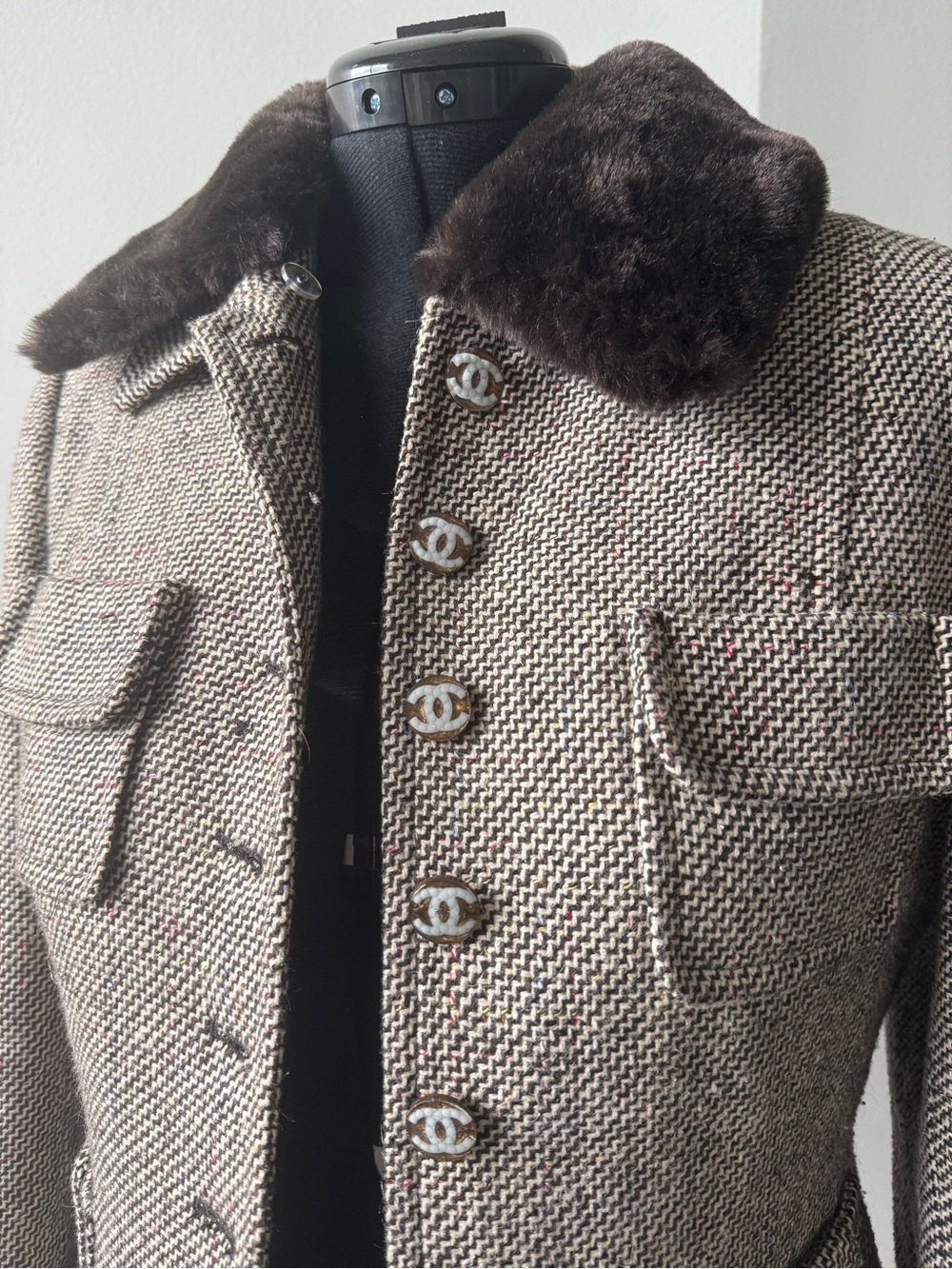Chanel buttons on wool blazer with removable fuax fur on collar